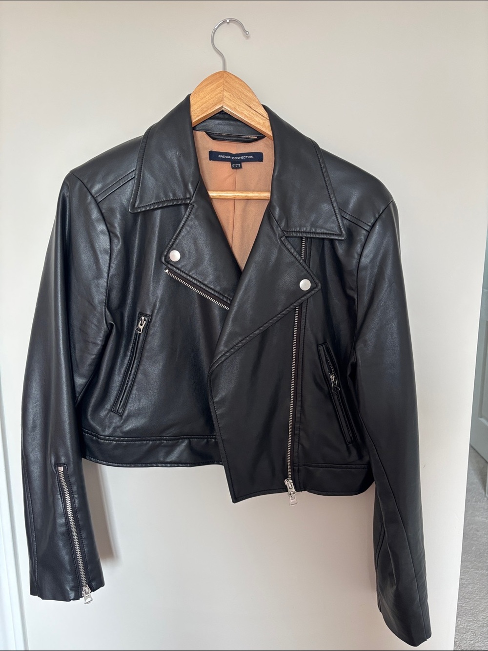 French Connection Black Faux Leather Cropped Biker Jacket